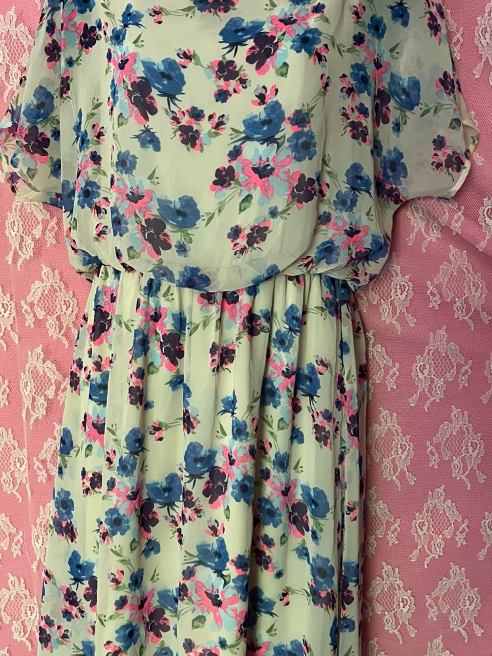 Floral Midi Dress in Mint with Blue & Pink Flowers